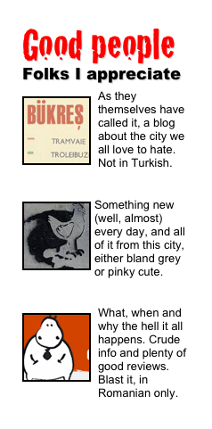 Good people 
Folks I appreciate
￼As they themselves have called it, a blog about the city we all love to hate. Not in Turkish.
bukresh.blogspot.com

￼
￼Something new (well, almost) every day, and all of it from this city, either bland grey or pinky cute.
bucharestdailyphoto.com

￼
￼What, when and why the hell it all happens. Crude info and plenty of good reviews. Blast it, in Romanian only.
metropotam.ro
￼